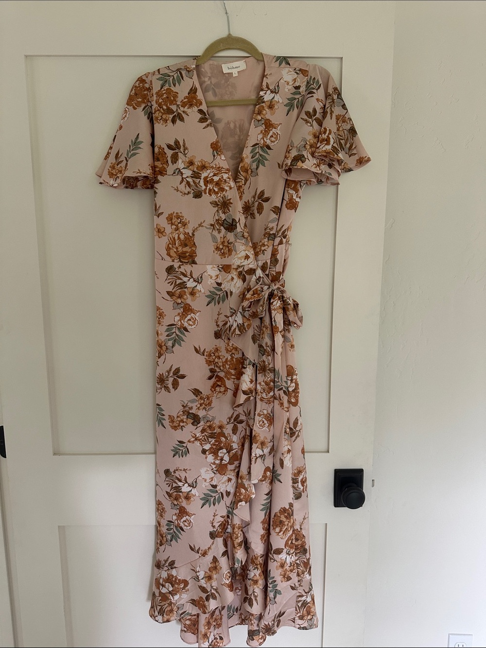 bohme Blush Floral Wrap Maxi Dress with Brown and Green Print